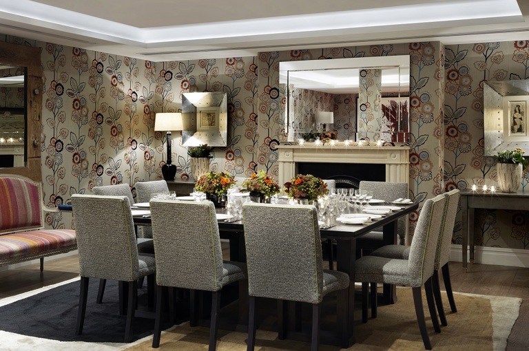 Squared dining table set-up in the Duncan Grant private events room at Charlotte Street Hotel