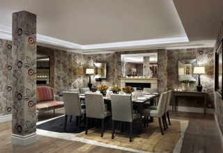 Squared dining table set-up in the Duncan Grant private events room at Charlotte Street Hotel