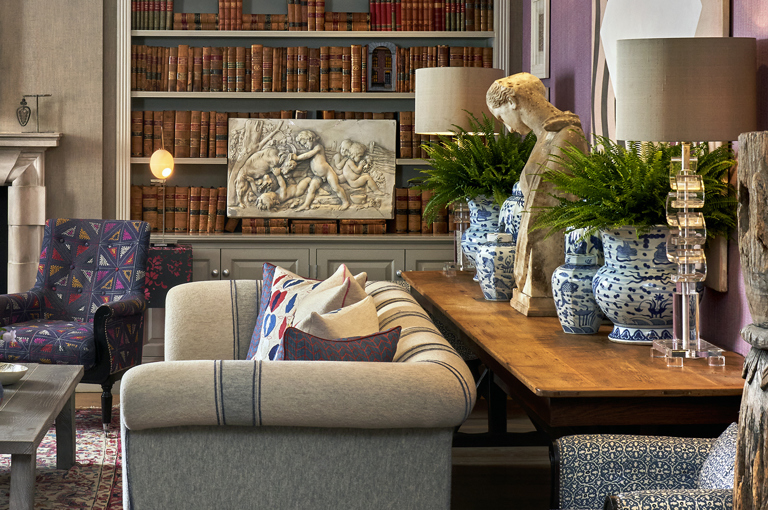 A shot of the right hand side of the Library at Haymarket Hotel