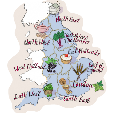 A colourful map of the UK on a transparent background with the nine regions marked, with fruit and other food to represent it