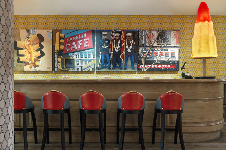 Close shot of the reception bar in the private events lobby at Crosby Street Hotel