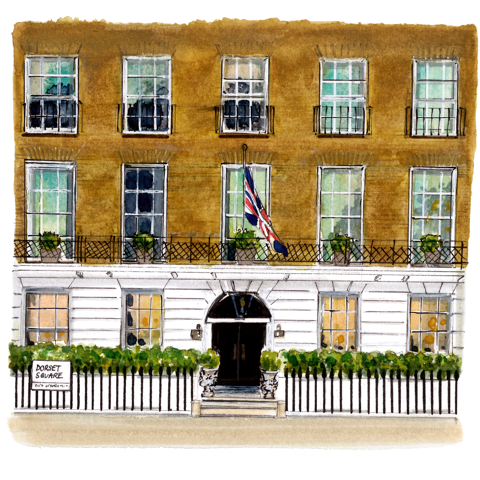 A watercolor-style illustration of Dorset Square Hotel London exterior.