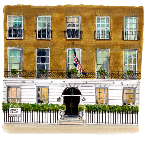 A watercolor-style illustration of Dorset Square Hotel London exterior.
