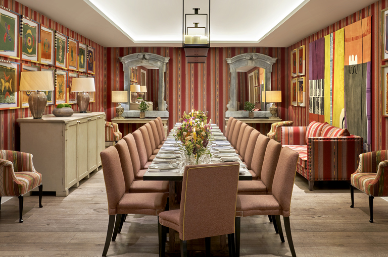 An image of the long dining set up in the Sherwood private events room at Ham Yard Hotel