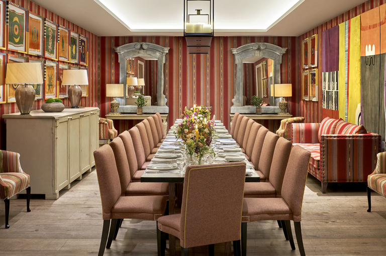An image of the long dining set up in the Sherwood private events room at Ham Yard Hotel