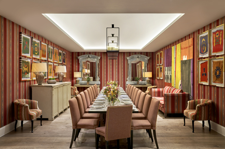 An image of the long dining set up in the Sherwood private events room at Ham Yard Hotel