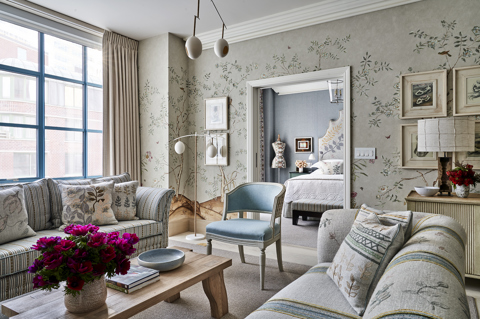 Diagonal shot looking through the living room to the bedroom of Songbird Suite, 704 at Warren Street Hotel