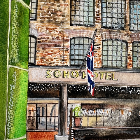 A watercolor-style illustration of The Soho Hotel London exterior.