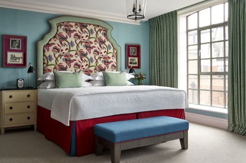 Bedroom shot of room 405, a Luxury Room at The Soho Hotel