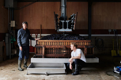 A wide angle shot of two of the owners inside the winery at Domaine Hugo