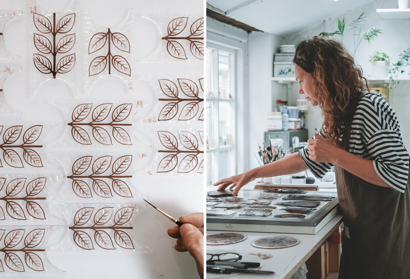An stitched image of Flora Jamieson in her studio designing her stained glass artwork, this image is used to promote her stained glass workshop at Haymarket Hotel. on the left a close up image of Flora creating leaves on the glass, on the right an image of Flora in her studio.