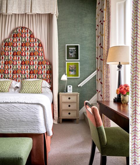 Two stitched images of Room 102 at Number Sixteen. On the left, a image of the bed and side table. On the right, a image of the desk set up and chair..