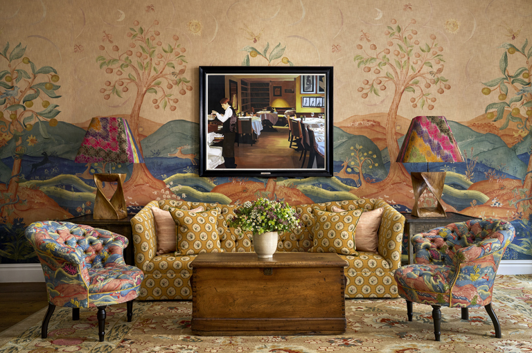 Close front on shot of a seating area in the Drawing Room at The Soho Hotel