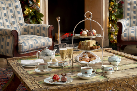 Wide shot of Festive Afternoon Tea in the drawing room at Ham Yard Hotel