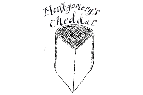 A black line illustration of triangle wedge cut from a round cheese with Montgomery's Cheddar written above on a transparent background