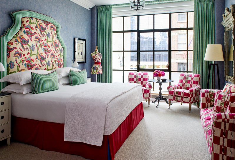 A green and pink themed junior suite at The Whitby Hotel, New York