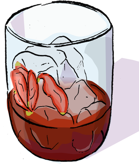 An illustration of a red apple brandy cocktail with blackcurrant cordial and ice 