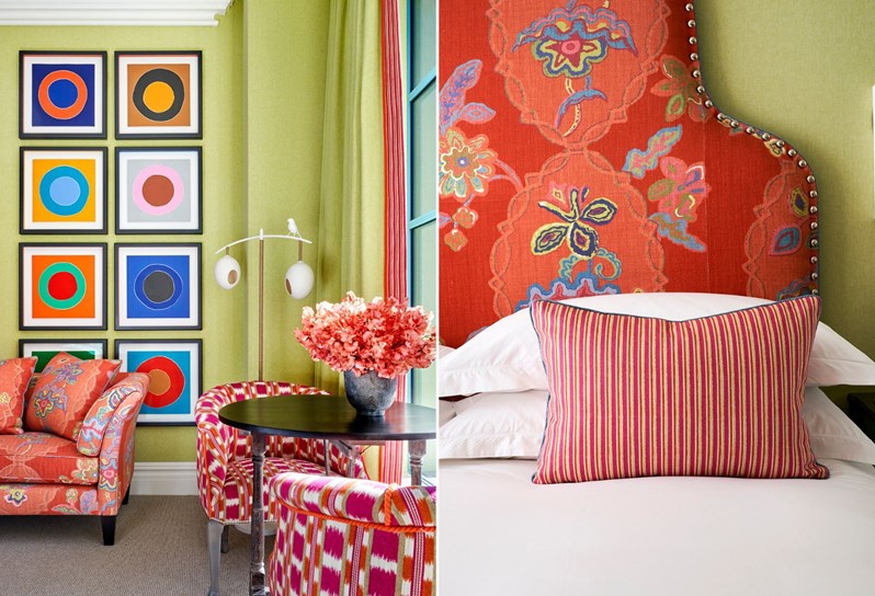 Two portrait shots. On the left, two pink checked tub chairs and a coffee table in front the windows, a sofa in orange Chainstitch fabric in front of a green wall with eight multi-coloured circle prints on. On the right,  bed with a headboard upholstered in orange Chainstitch fabric and a pink and orange striped cushion.