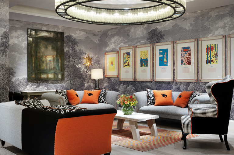 Diagonal shot of the lounge area in the Windmill private events room at Ham Yard Hotel