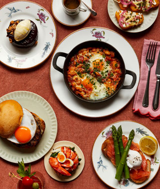 An image of multiple dishes from the brunch menu at Charlotte Street hotel. 