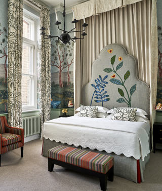 A diagonal image of the bed in the Deluxe Room, 107 in Charlotte Street Hotel.