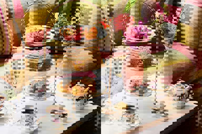 Wide shot of Summer Afternoon Tea in the drawing room at The Soho Hotel