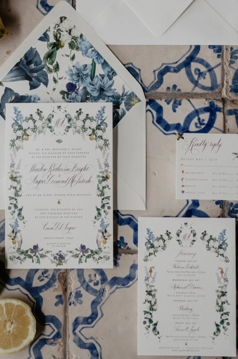 A collection of calligraphy work by Stephanie Fishwick, showcasing floral designs. They are laid on top of a blue and white tiled background