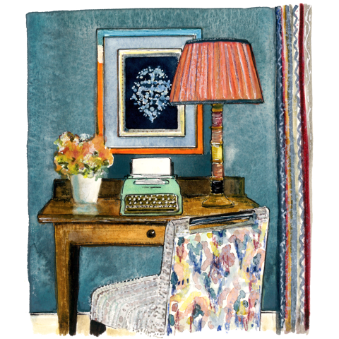 A watercolor-style illustration of a chair, table and typewriter on it with a lamp shade