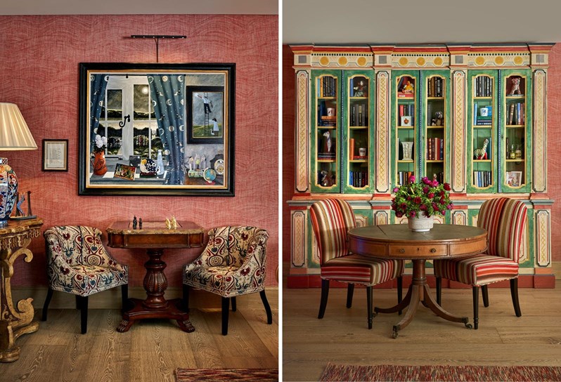 Split image. On the left, two patterned chairs either side of a dark wood chess table. There is a Gary Bunt painting on the wall behind and a console table with a lamp on to the left. On the right, two striped dining chairs either side of a round wooden table. Behind there is a multi-coloured painted cabinet unit, holding books and trinkets.