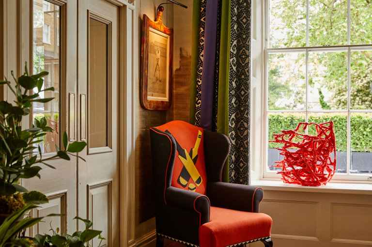 Close up shot of the chair in Dorset Square Hotel Lobby.