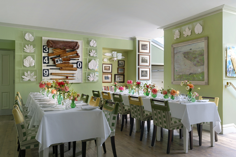 Long dining tables for a wedding set-up in the Potting Shed at Dorset Square Hotel