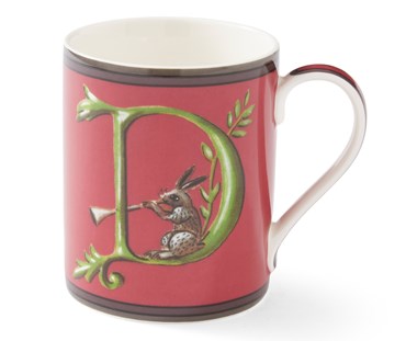 The green "D" on this red mug forms an ideal resting point for our, trumpet carrying hare to herald the morning's news. Presented in brightly coloured gift boxes, they make an ideal gift for anyone