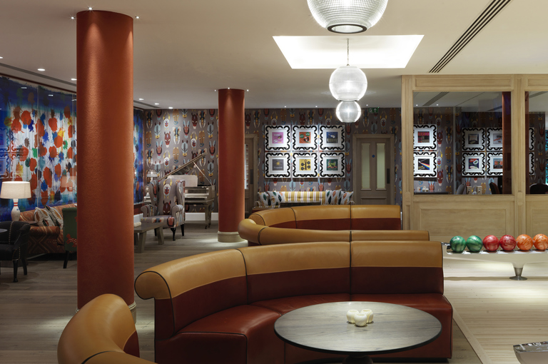 Wide shot of the Croc Bowling Alley at Ham Yard Hotel