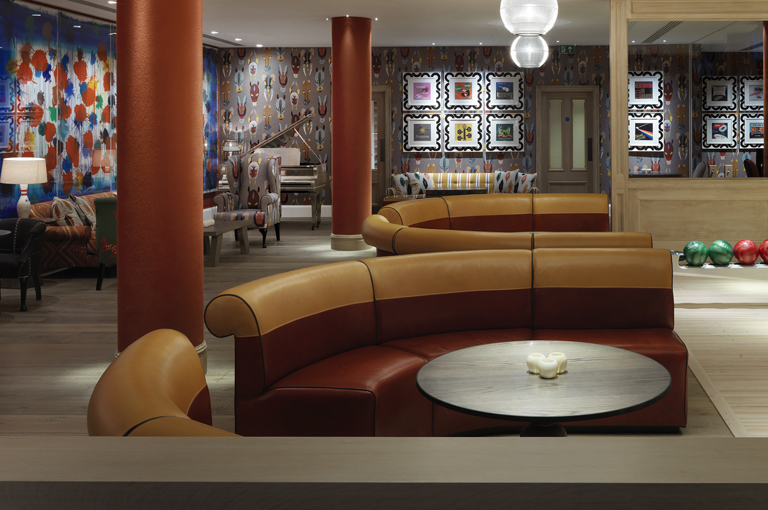 Wide shot of the Croc Bowling Alley at Ham Yard Hotel