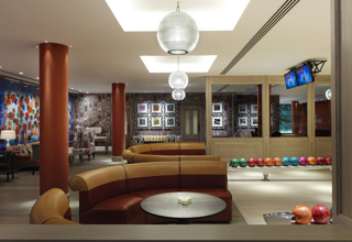 Wide shot of the Croc Bowling Alley at Ham Yard Hotel