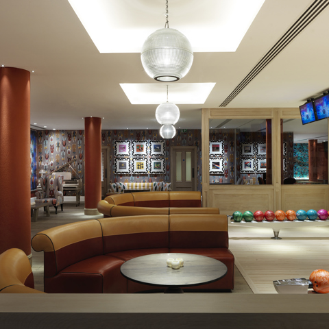 Wide shot of the Croc Bowling Alley at Ham Yard Hotel