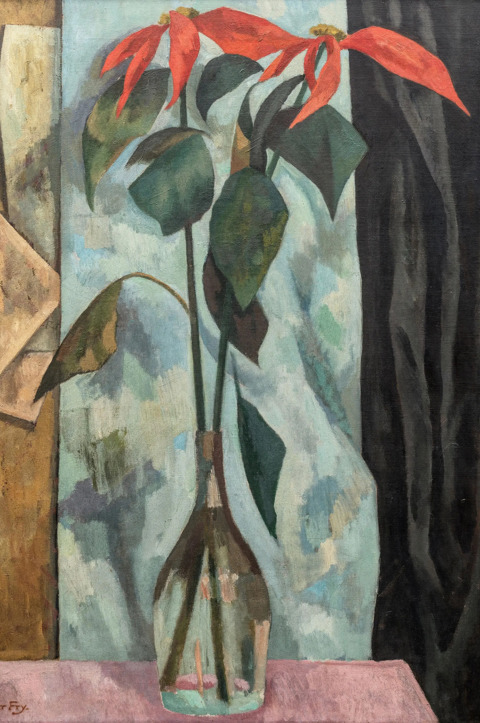 A painting of two red flowers in a tall vase by Roger Fry