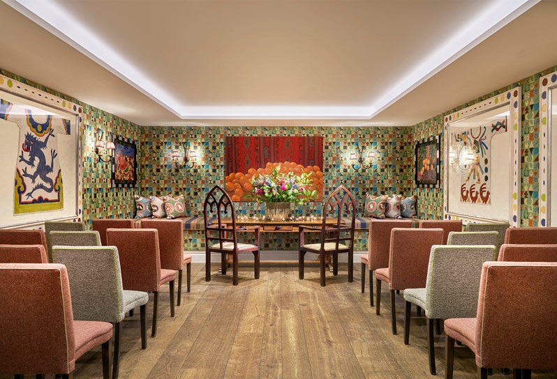 An image of the events space Vanessa Bell set up for a wedding, in Charlotte Street Hotel.