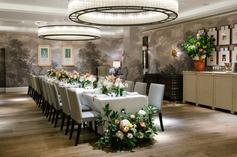 The Windmill Room at Ham Yard Hotel set up for a wedding breakfast