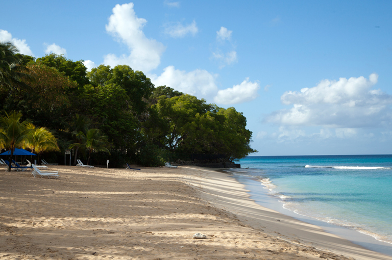 Wide shot of Sandy Lane Beach with white chairs and blue tent at Rossferry.