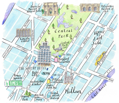 An illustrated map of Midtown surrounding The Whitby Hotel. Larger fonts and icons signify key areas. Including Times Square, Rockefeller Center, MOMA, Central Park and Lincoln Centre and nearby underground stations.