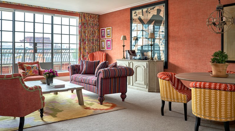 The living room area of the Soho Suite at The Soho Hotel