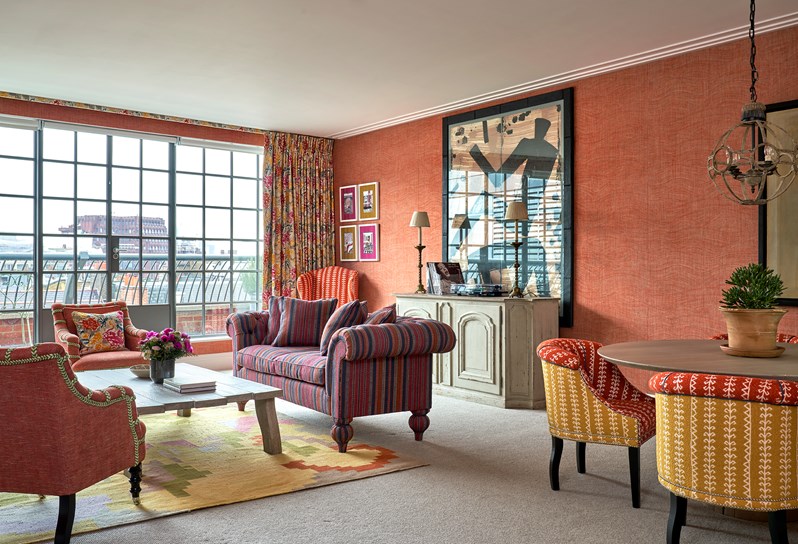 The living room area of the Soho Suite at The Soho Hotel