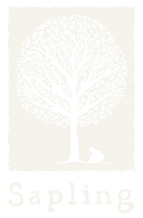 Sapling Spirits logo and tree icon in white on a transparent background