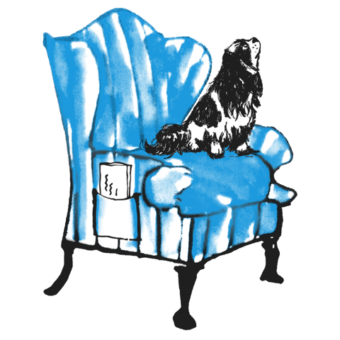 The Whitby Hotel Icon. An animated poster of a blue armchair and a dog seating on it.