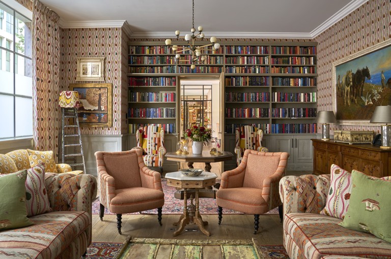 Wide shot of the Library at Ham Yard Hotel