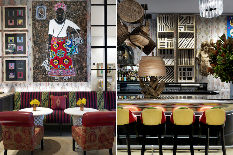Two portrait images of The Whitby Bar stitched together. On the left, low seating and tables in the bar area. On the right, the end of the bar