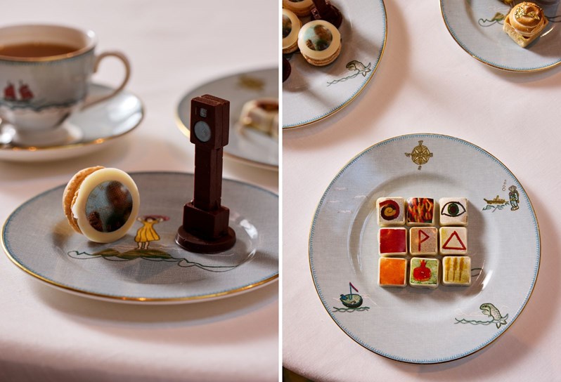 Two portrait detail images of afternoon tea stitched together. On the left, a macaron and a miniature chocolate grandfather clock. On the right, a grid of 6 miniature square cakes displaying different emblems and artistic symbols