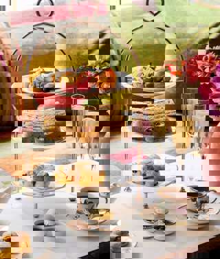 Close shot of Summer Afternoon Tea with Champagne in the drawing room at The Soho Hotel