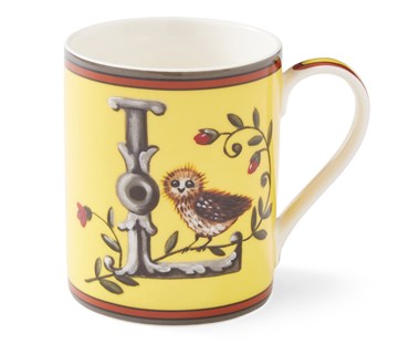 The grey "L" on this lemon yellow mug forms an ideal perch for our small owl to survey the outlook for the day to come, amongst entwined rose hip.